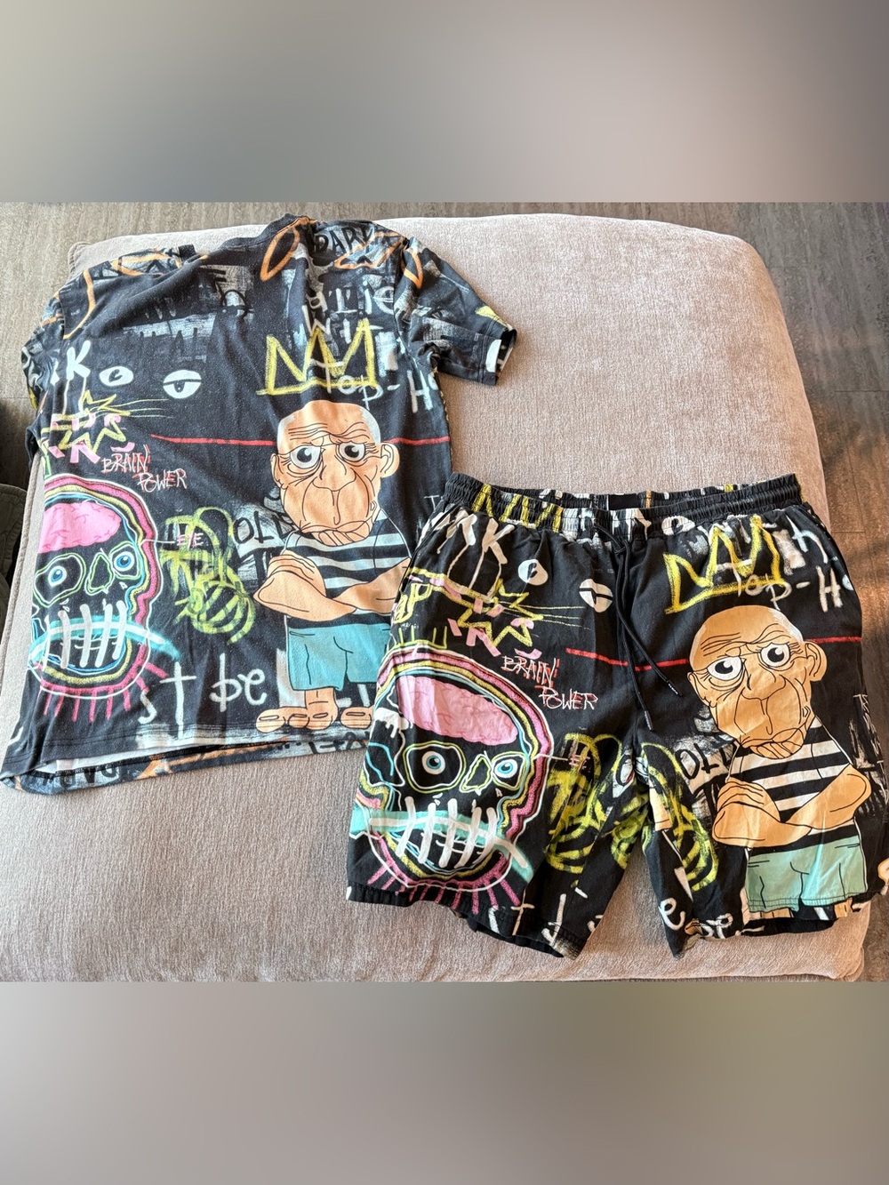Tango Hotel Black Graphic Tee & Shorts Set with Neon Skull and Cartoon Character